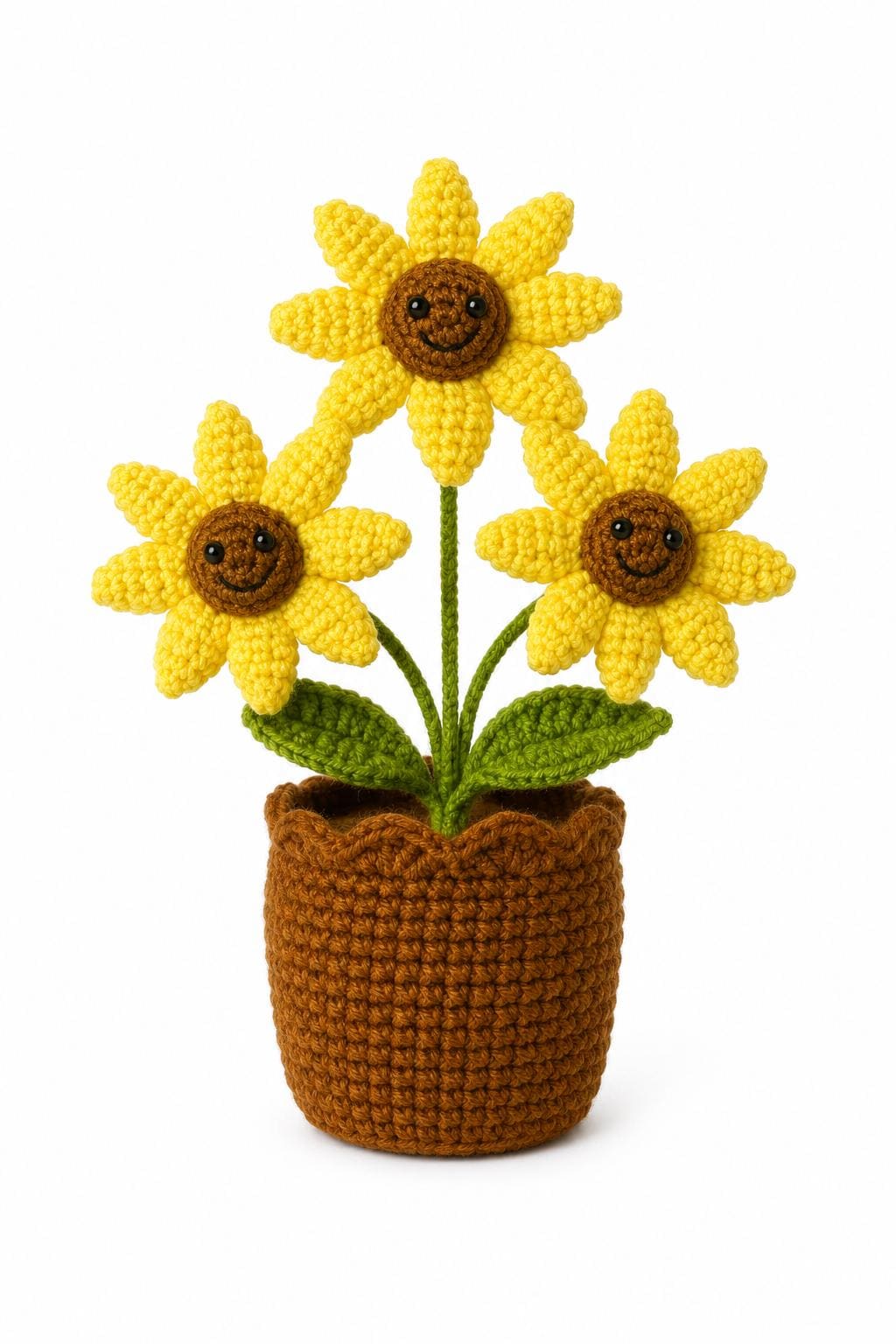 Crochet Sunflower Trio Pot, Handmade Yarn Flower Arrangement, Sunflower Gift, Handmade Home Decor, Botanical Decoration