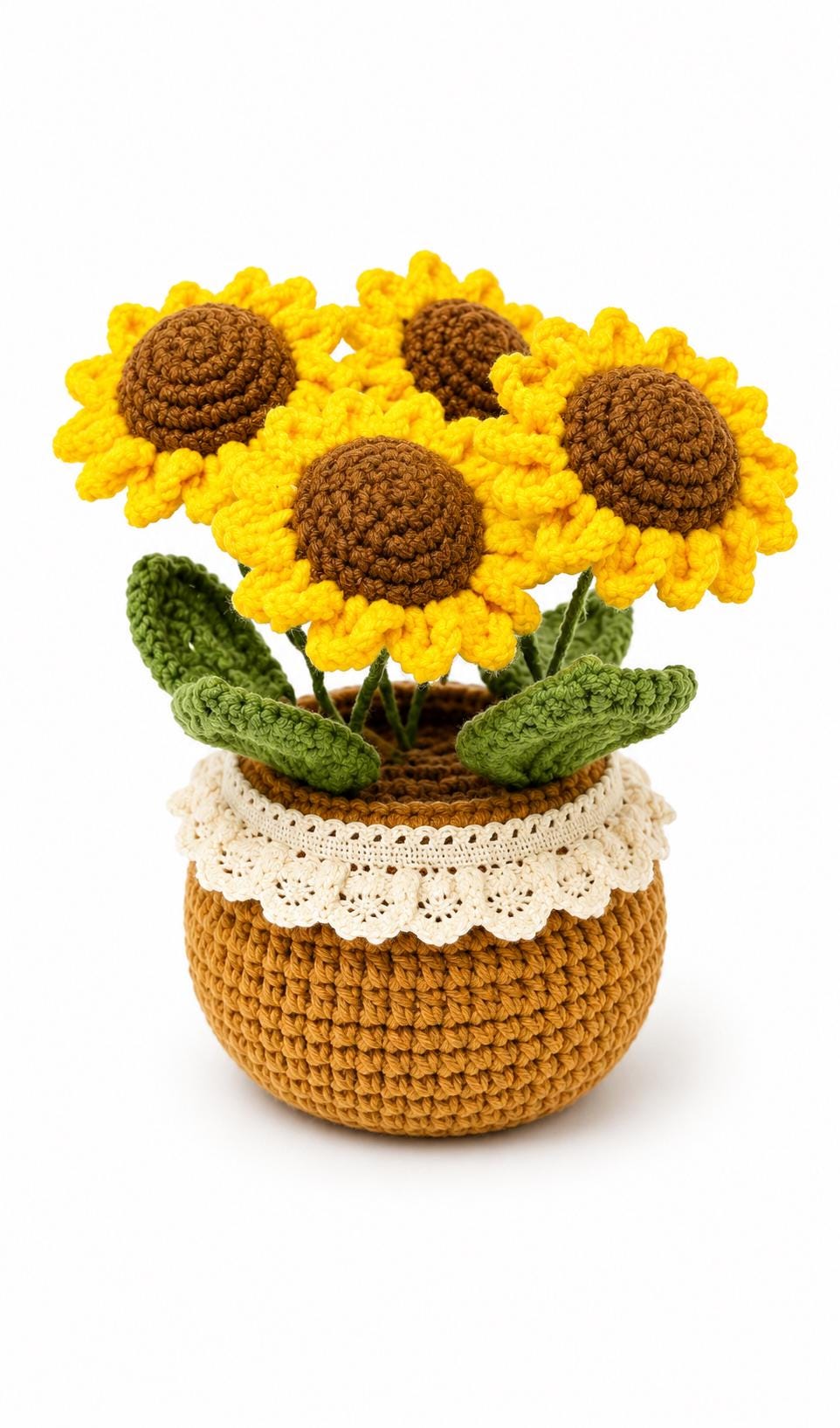 Crochet Sunflower Bloom Pot, Handmade Yarn Flower Arrangement, Elegant Floral Gift, Handmade Home Decor, Botanical Decoration