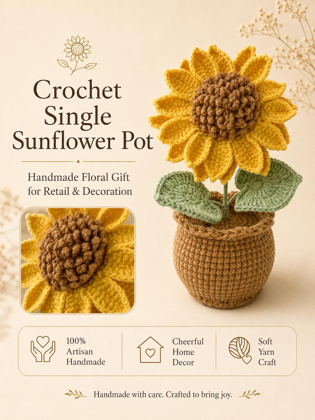Crochet Single Sunflower Pot, Handmade Yarn Flower Decor, Sunflower Gift, Handmade Home Decor, Botanical Decoration