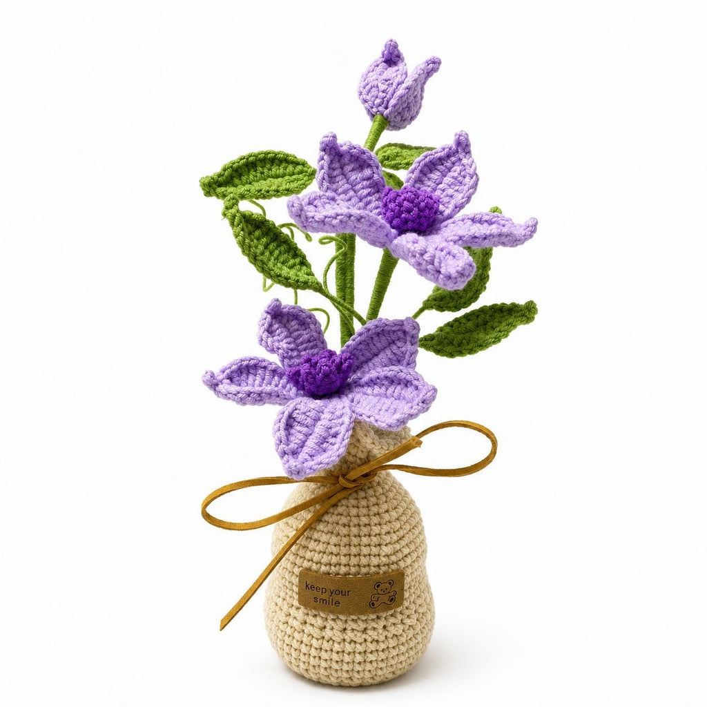 Crochet Clematis Pot, Handmade Yarn Flower Arrangement, Elegant Floral Gift, Handmade Home Decor, Botanical Decoration