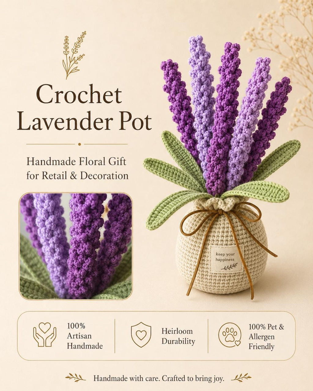 Crochet Lavender Pot, Handmade Yarn Flower Arrangement, Elegant Floral Gift, Handmade Home Decor, Botanical Decoration
