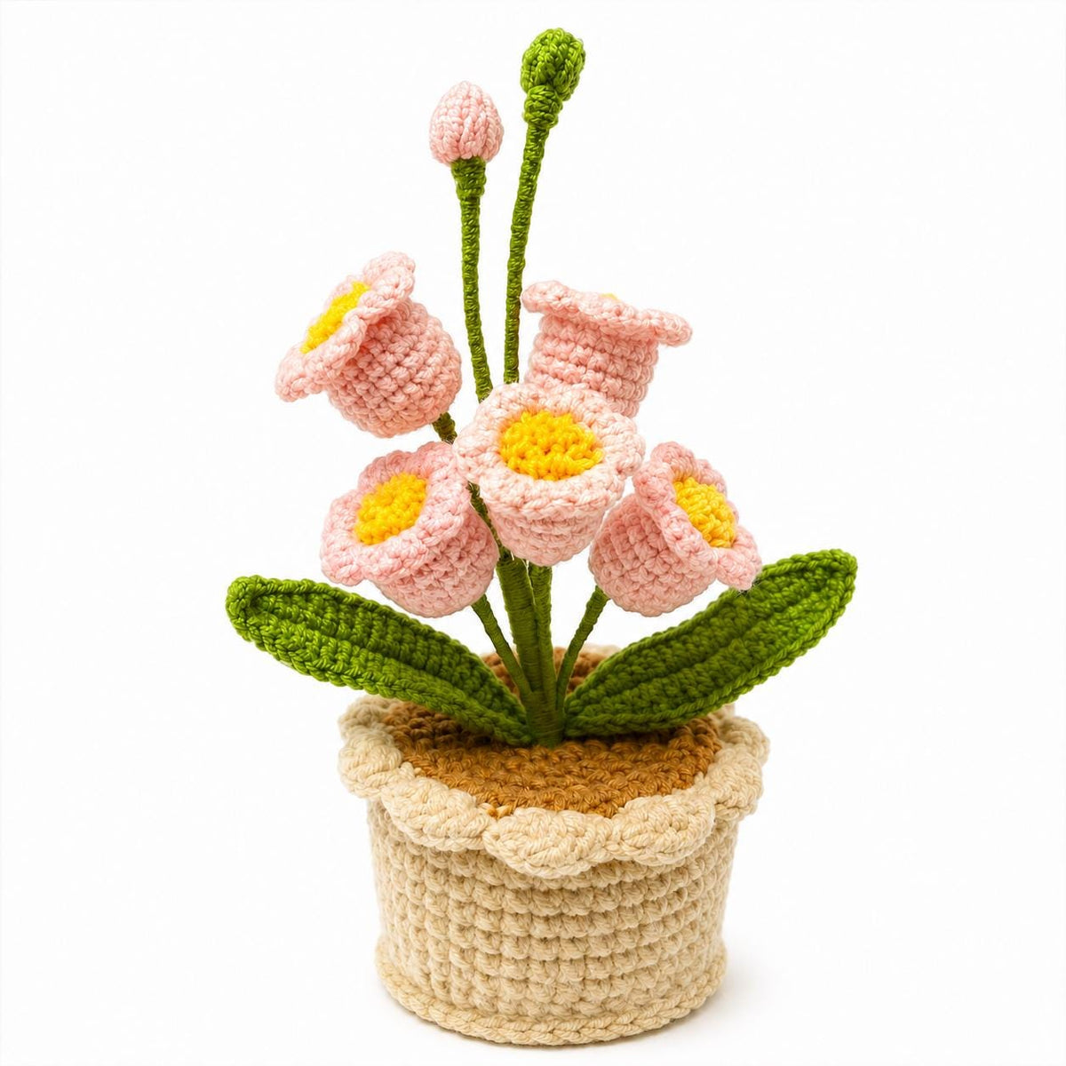 Crochet Primrose Pot, Handmade Yarn Flower Arrangement, Elegant Floral Gift, Handmade Home Decor, Botanical Decoration