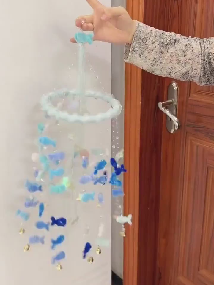 Fish Wind Chime DIY Kit or Finished Blue Hanging Decor Pipe Cleaner Fish Mobile Handmade Room Decor Ocean Theme Gift