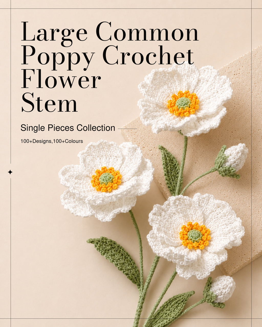 Large Common Poppy Crochet Flower Stem CF-032